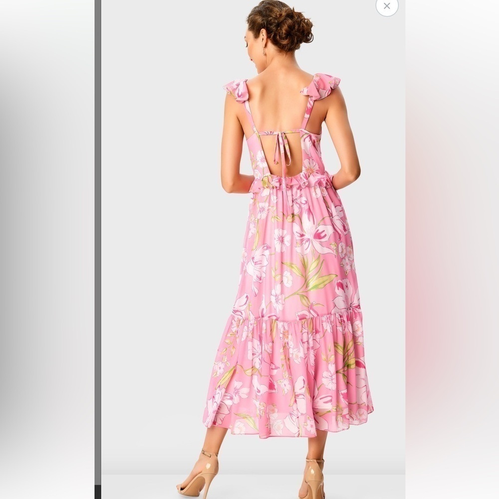 eSHAKTI WAYWARD FANCIES Ruffle Floral Print Georgette Tiered Empire maxi Dress L